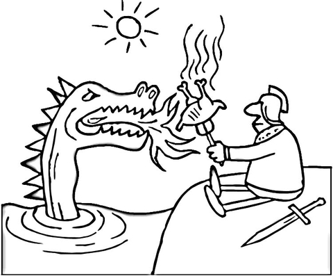 Brave Knight Grills The Chicken On Dragon Fire Coloring Page